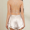 Women Solid Color Cami Playsuits Cowl Neck Sleeveless Short Jumpsuits Summer Cross Tie-Up Backless Satin Romper Clubwear