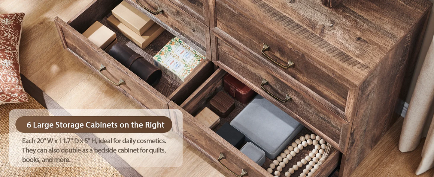 69" W rustic wood bedroom dresser with glass top, 9 large storage drawers, 3 color usable lights and 30 "HD Led mirror