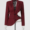 TWOTWINSTYLE Hollow Out Backless Slimming Blazers For Women Notched Collar Long Sleeve Spliced Button Irregular Blazer Female