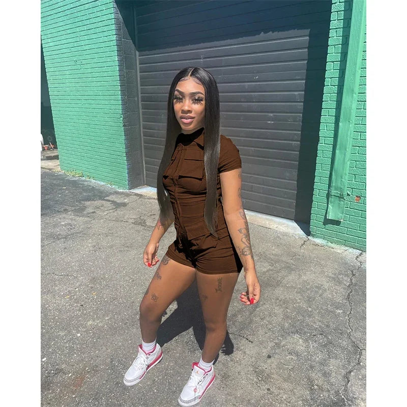 Streetwear Zipper Pockets Shorts Jumpsuit Women Clothing Short Sleeve Skinny Cargo Playsuit Summer Casual One Pieces Romper