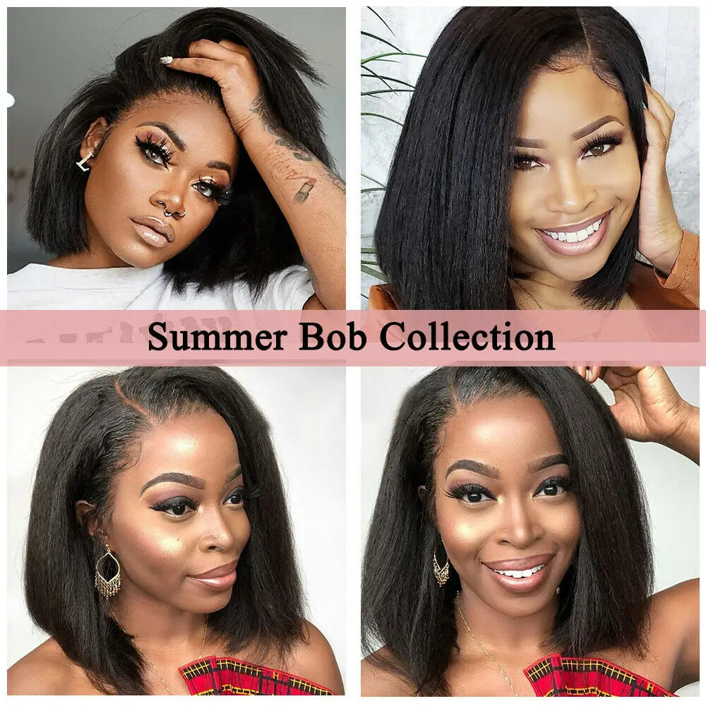Peruvian Kinky Straight Wig Glueless Short Bob Wigs Human Hair 13X4 Yaki Straight Lace Front Wig Pre Plucked Closure Wig 180%