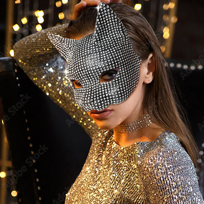 Shiny Cat Ear Masks Cosplay Halloween Party Costume Accessories Long Gloves Sexy Bling Kitten Half Masks