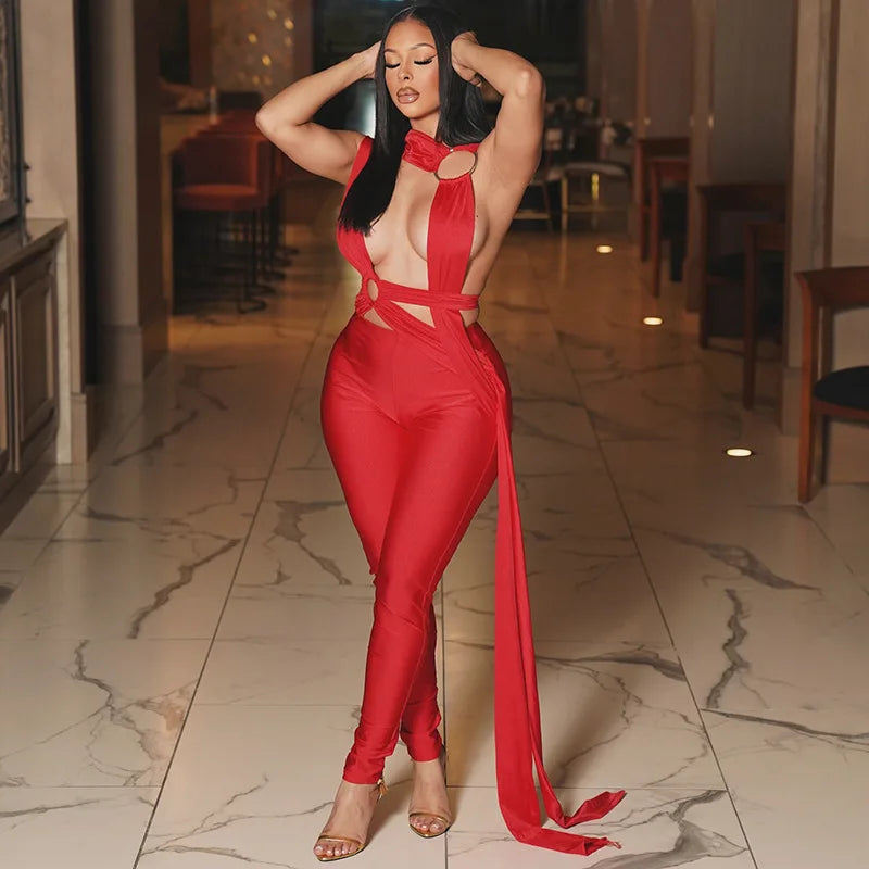 Joskaa Sexy Hollow Bandage Irregular Jumpsuit Women Summer Sleeveless Backless Ribbon Skinny Rompers 2025 Midnight Clubwear