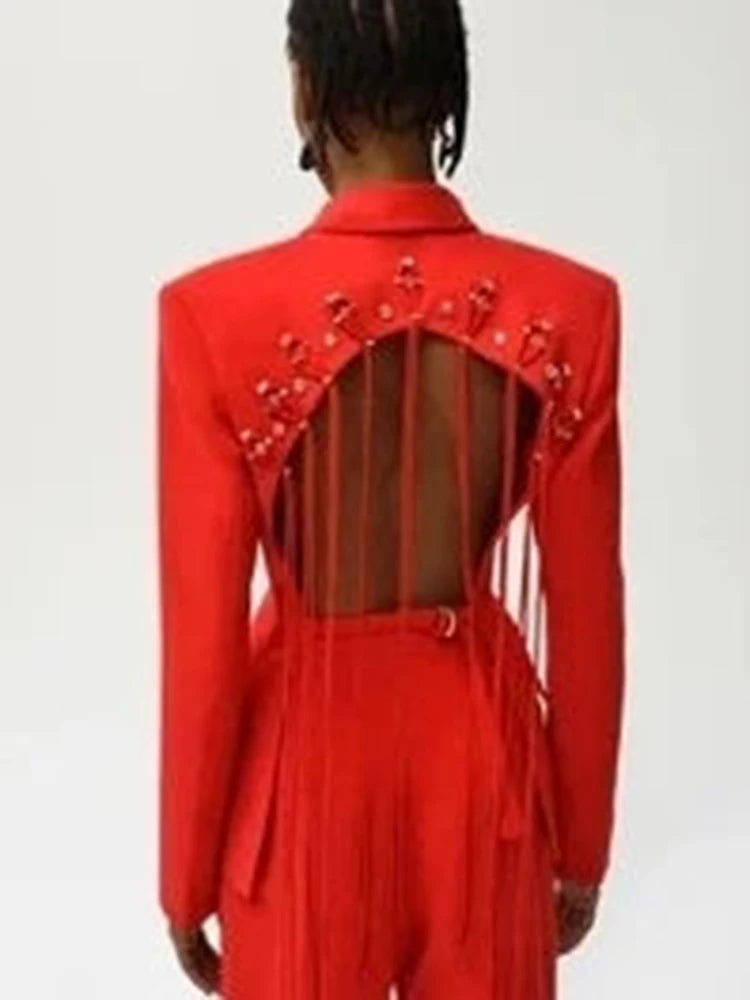 TWOTWINSTYLE Patchwork Diamonds Backless Blazer For Women Notched Collar Long Sleeve Spliced Button Chic Blazers Female Style