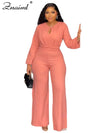 Znaiml Women O Neck Long Sleeve Straight Wide Leg Pants Rompers Office Lady Jumpsuits Pink Loose One Piece Overalls Streetwear