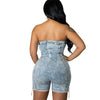 Rompers Women One Piece Elegant Splice Denim Jumpsuits Sexy Slim Fit Strapless Sleeveless Short Pants Sheath Playsuits
