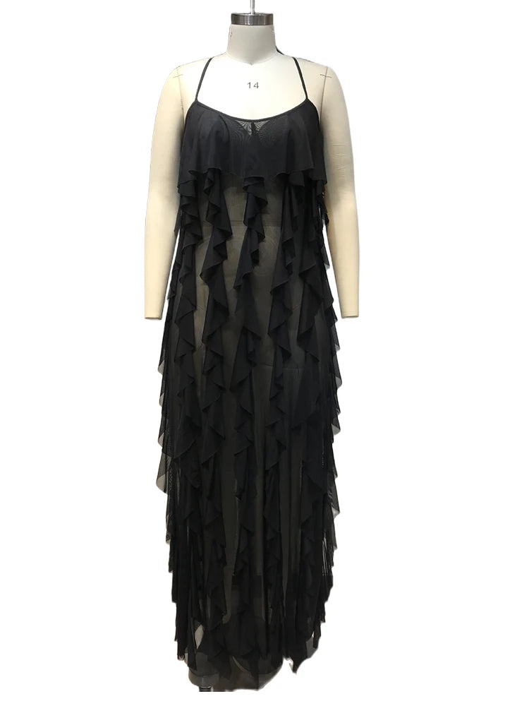 Chic and Elegant Summer Dress Women Halter Sexy Birthday Dress Transparent Mesh Backless Maxi Dress Wholesale Dropshipping