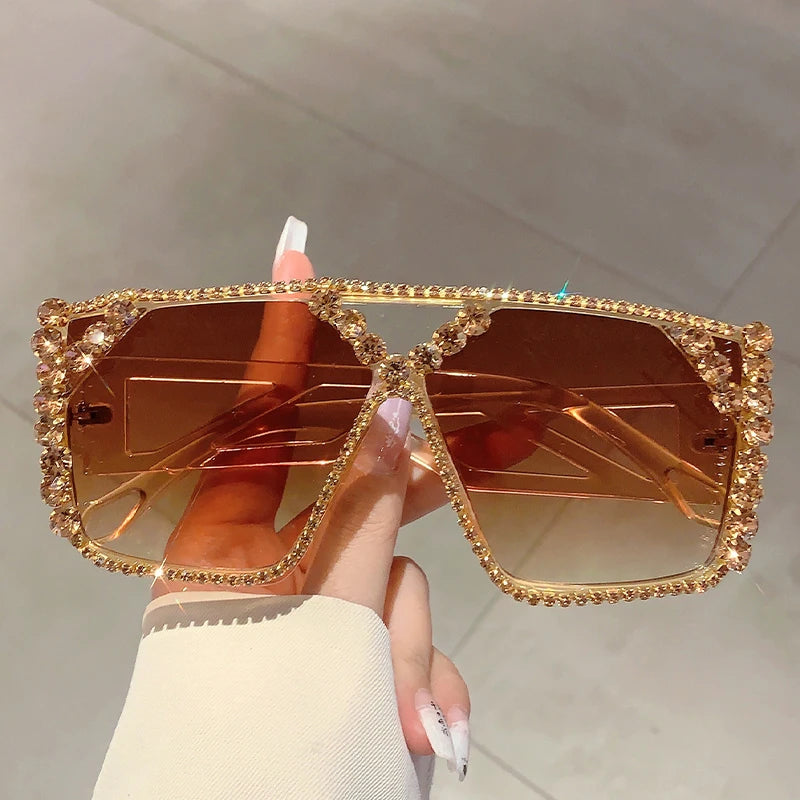 KAMMPT Rhinestone Shine Brand Design Sunglasses Fashion Women Grey Sun Glasses Trendy Decoration Sun Shades for Party Driving