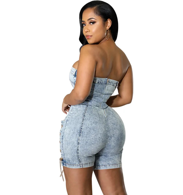 Rompers Women One Piece Elegant Splice Denim Jumpsuits Sexy Slim Fit Strapless Sleeveless Short Pants Sheath Playsuits