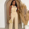 Sexy Halter Backless Jumpsuits Woman Elegant High Waist Flare Pants Sleeveless Beading Ruched Party Romper Birthday Club Outfits