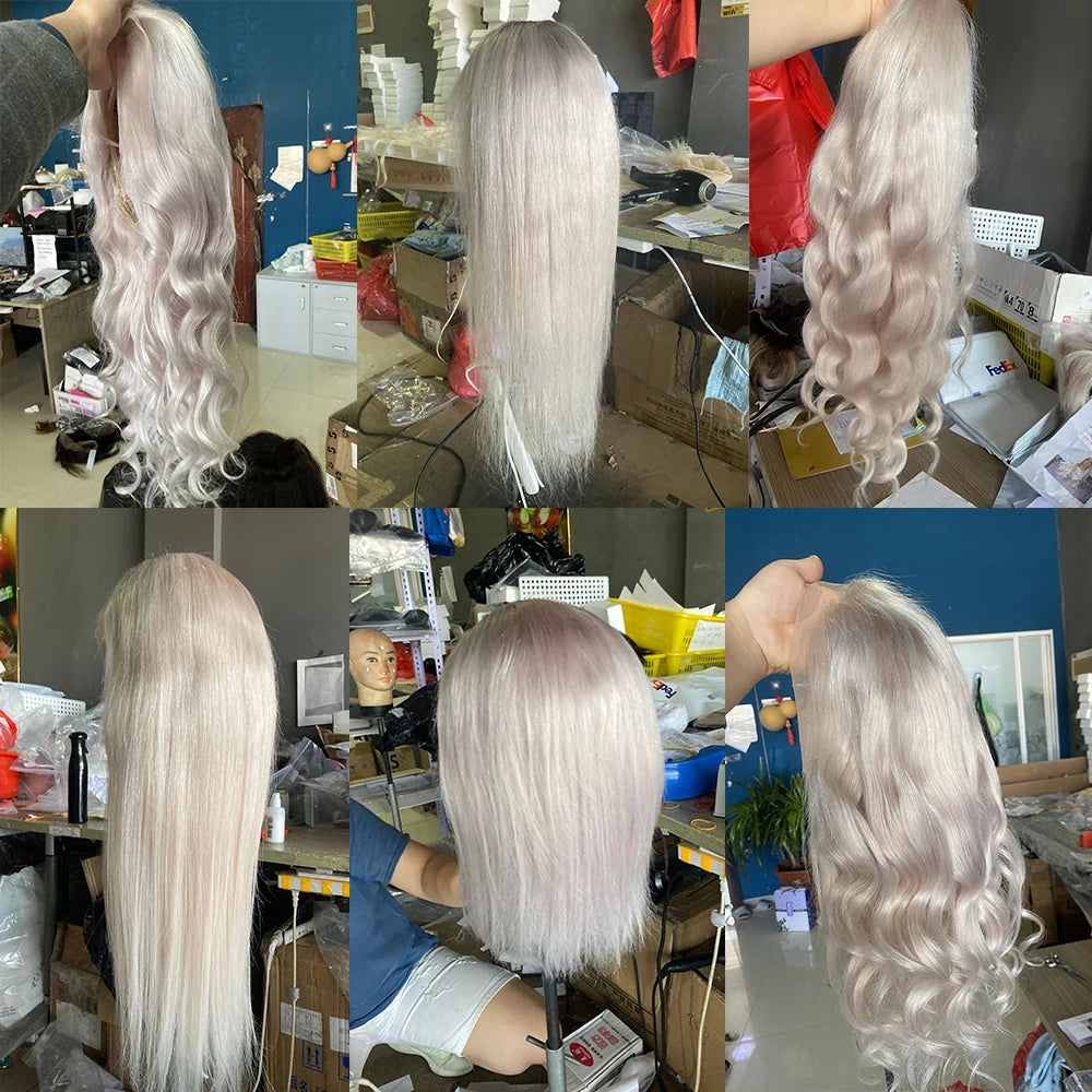 Ash Blonde Balayage Ombré Roots Cute Bangs Wig 100% Premium Virgin Human Hair HD Lace Front Wig 150 Density Straight Bob Wig