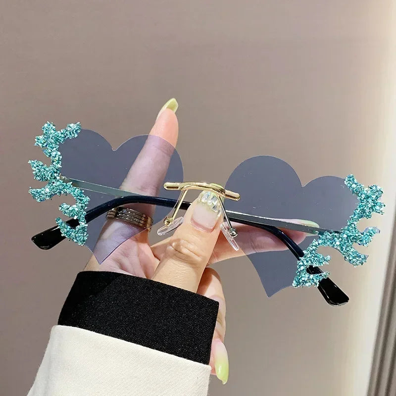 Rimless Sunglasses Women Luxury Brand Rhinestone Sun Glasses Ladies Cute Heart Shape Punk Party Eyewear очки від сонця женские
