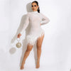 Sexy Pearls Rhinestone Party Dresses Women Elegance Nightclub Feather Birthday Dress Long Sleeve Mesh Sheer Bodycon Mini Dress