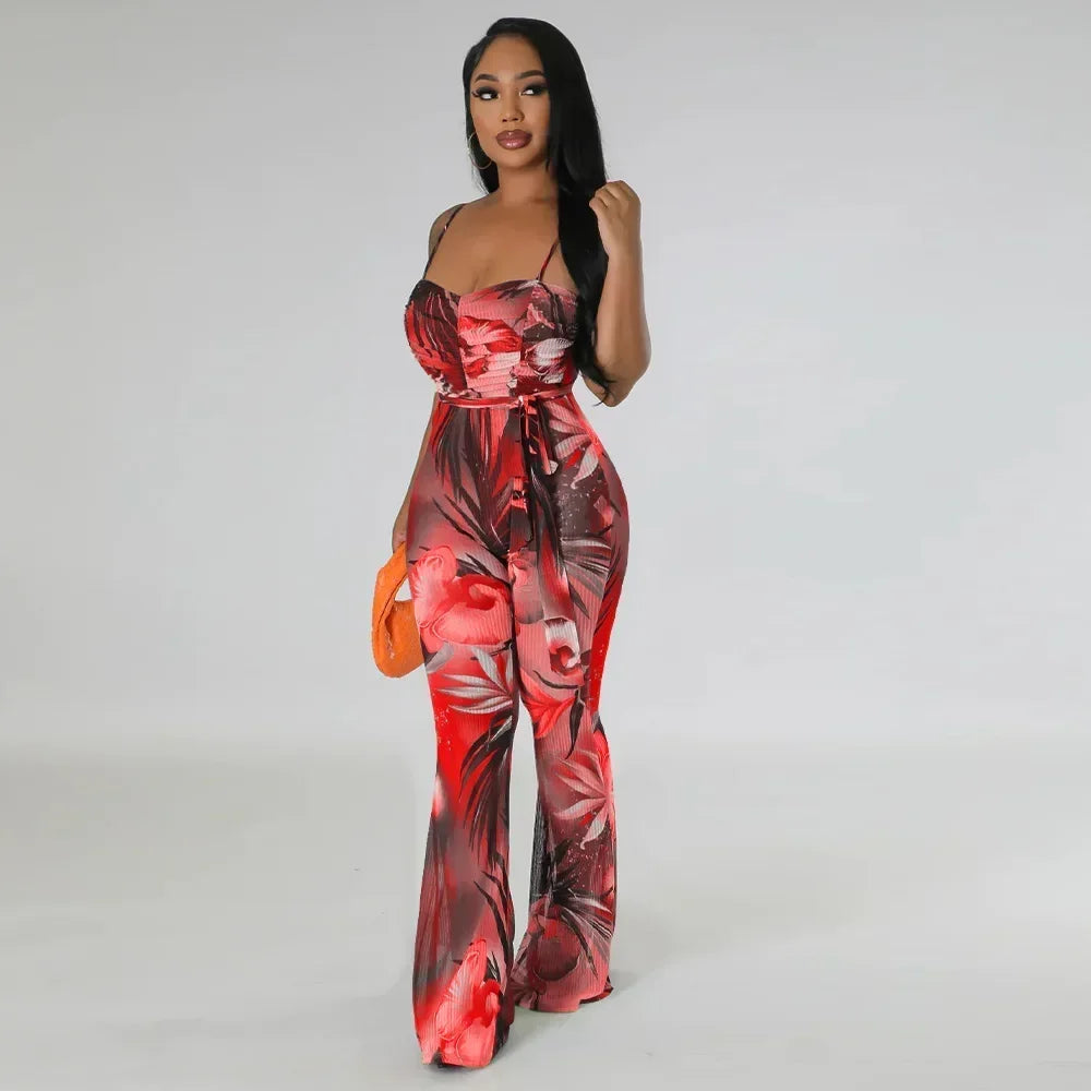 Floral Printed Jumpsuits Summer Outfits for Women 2024 Clubwear Spaghetti Strap Skinny One Pieces Romper Summer Beach Wear