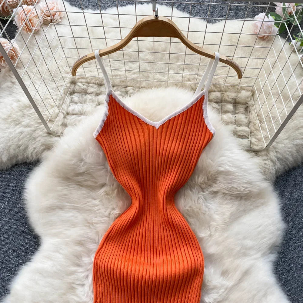Summer V Neck Knit Sexy Strap Dress Women Elatic Waist Bodycon Sundress Female Beach Backless Maxi Long Dress