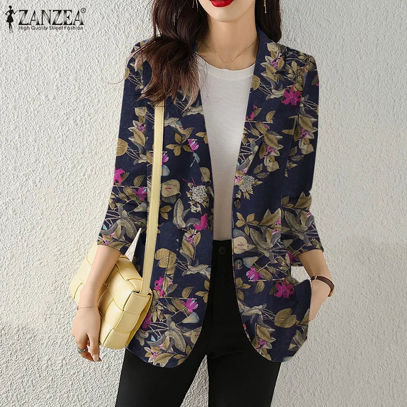 Women Autumn Blazer Retro Printed Coats Casual Long Sleeve Floral Outerwear ZANZEA Female Single Button Lapel Jackets Oversize