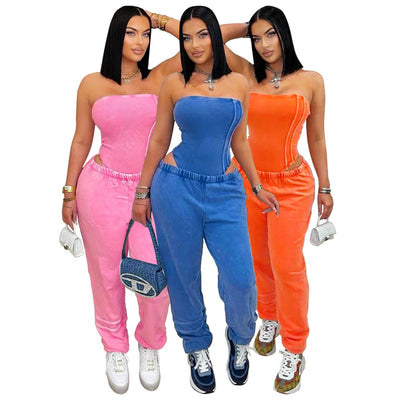 Sexy Tracksuit Cotton Washed Strapless Bodysuit and Jogger Pants Set 2025 Trendy Women Clothes Jogging Suit 2 pcs Two Piece Sets