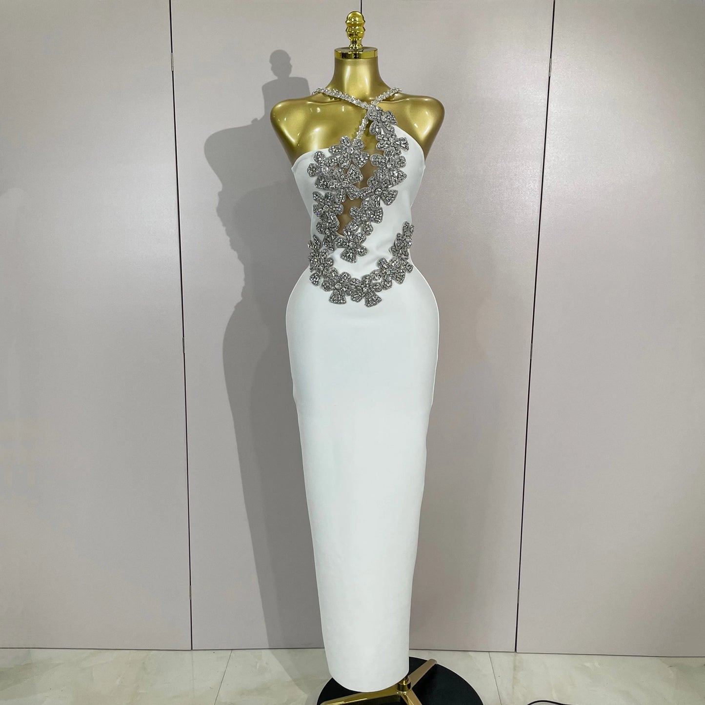 Sexy Backless Sparkly Crystal Diamonds White Bodycon Bandage Dress Women Celebrity Elegant Evening Club Party Birthday Dresses