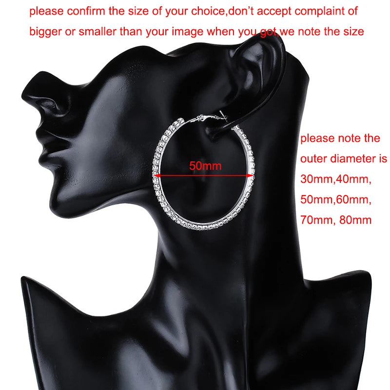 30-80mm Big Hoop Earrings For Women Girls Circle Crystal Rhinestone Earrings Black Gold Silver Color Round Earings Party Gift