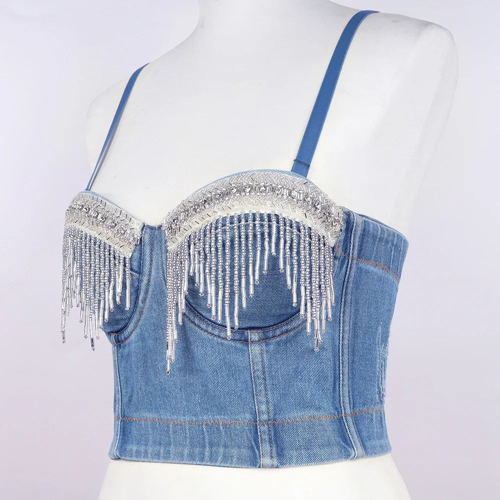 Irene Tinnie Sexy Cute Hole Cartoon Decoration Push Up Bustier Women's Denim Bralette Cropped Top Vest Plus Size