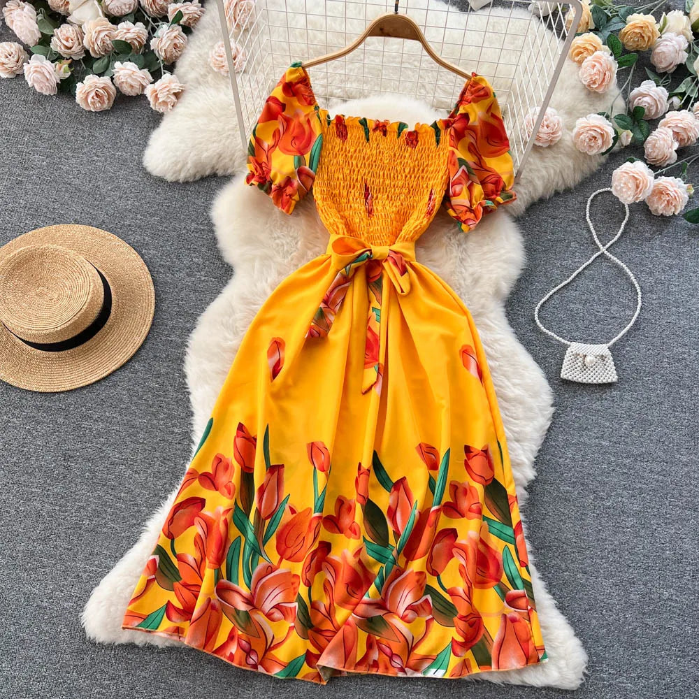 YuooMuoo Fashion Summer Flower Print Long Dress Women Vintage Square Neck Ruched Chest Sash Bandage Sundress Party Vestidos