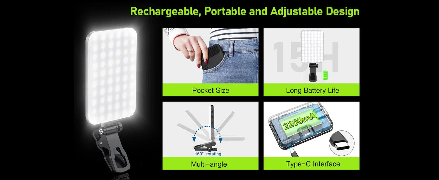 LED Selfie Light 60 High-quality LED Beads 2200mAh Rechargeable CRI 97+, 7 Light Modes Portable on Light for Phone/Tablet/Laptop