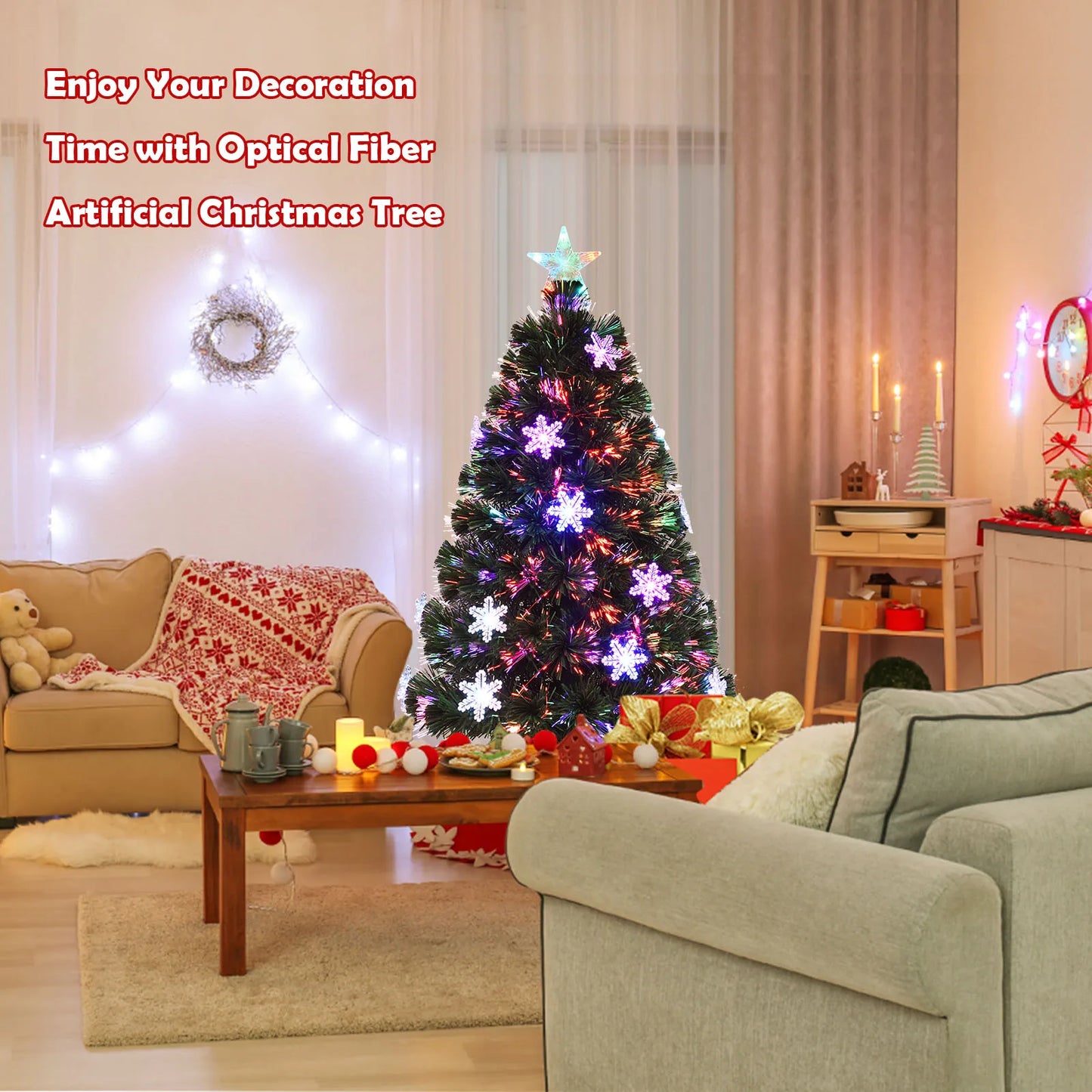 3/ 4/ 5/ 6 FT Fiber Optic Artificial Christmas Tree Pre-Lit Christmas Tree, Xmas Full Tree, Xmas Holiday Decor for Office, Home