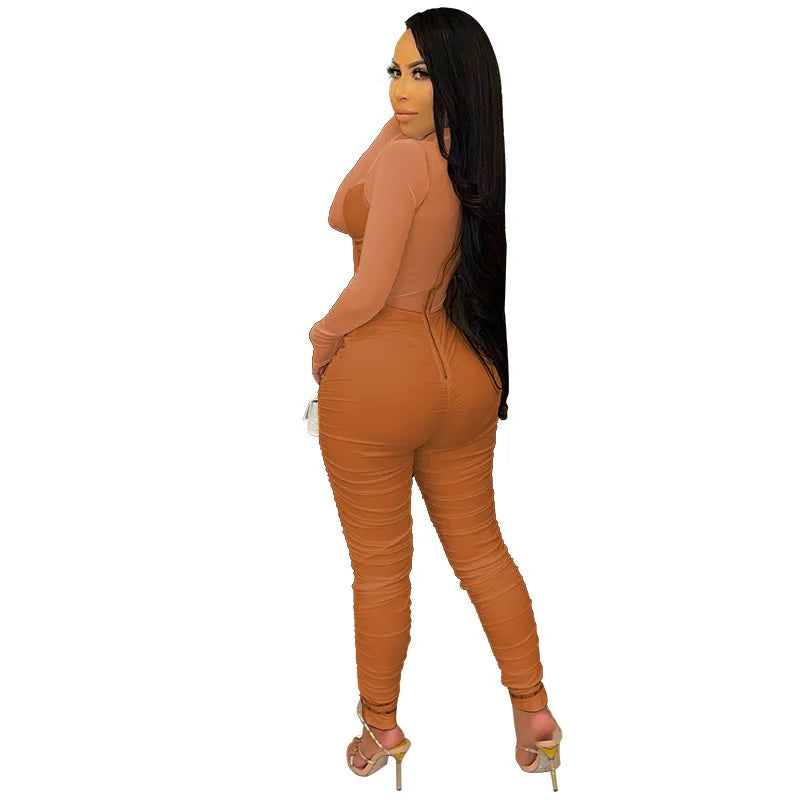 Sexy Mesh Patchwork Jumpsuits for Women Elegant Long Sleeve Bandage One Piece Party Long Bodysuit