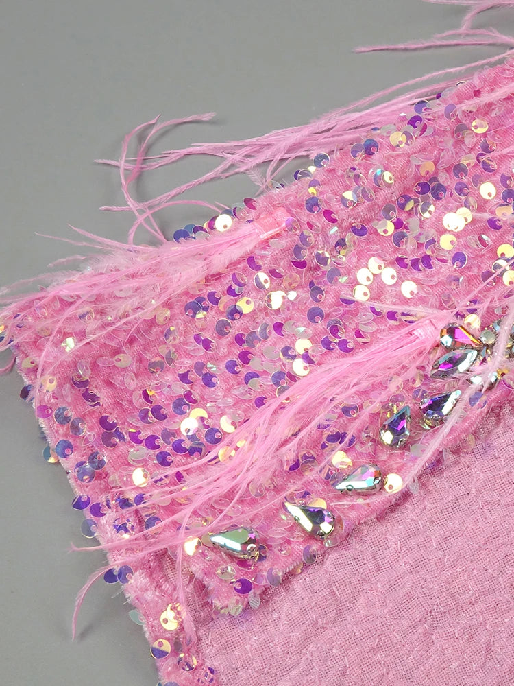 VC Pink Sparkly Sequins Long Dress Beaded Crystal Feather Embellished High Slit Straight Floor-length Prom Evening Gown Vestidos