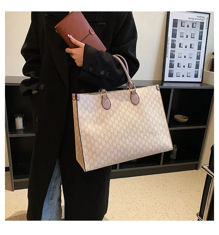 Large-capacity women's bags in Europe and the United States retro shoulder bag classic letters PU commuter handbags women