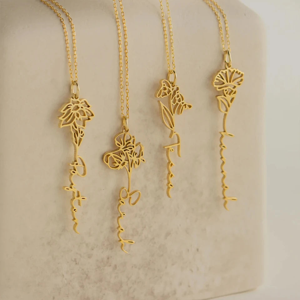 eManco Custom Birth Month Botanical Flower Pendant Stainless Steel Gold Plated Personalized Name Necklace Women's Accessories