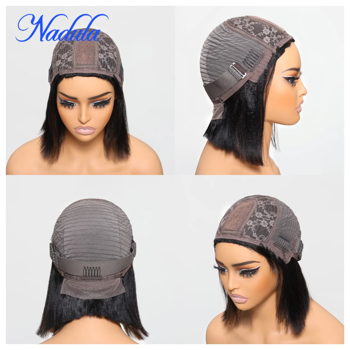 Nadula Hair Short Bob Wigs With Bangs Yaki Straight Short Bob Highlight Balayage Color Wig 4X2 T Part Lace 100% Human Hair Wigs