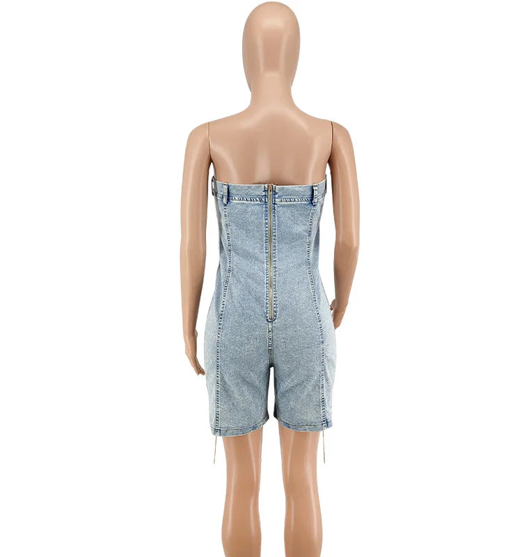 Rompers Women One Piece Elegant Splice Denim Jumpsuits Sexy Slim Fit Strapless Sleeveless Short Pants Sheath Playsuits