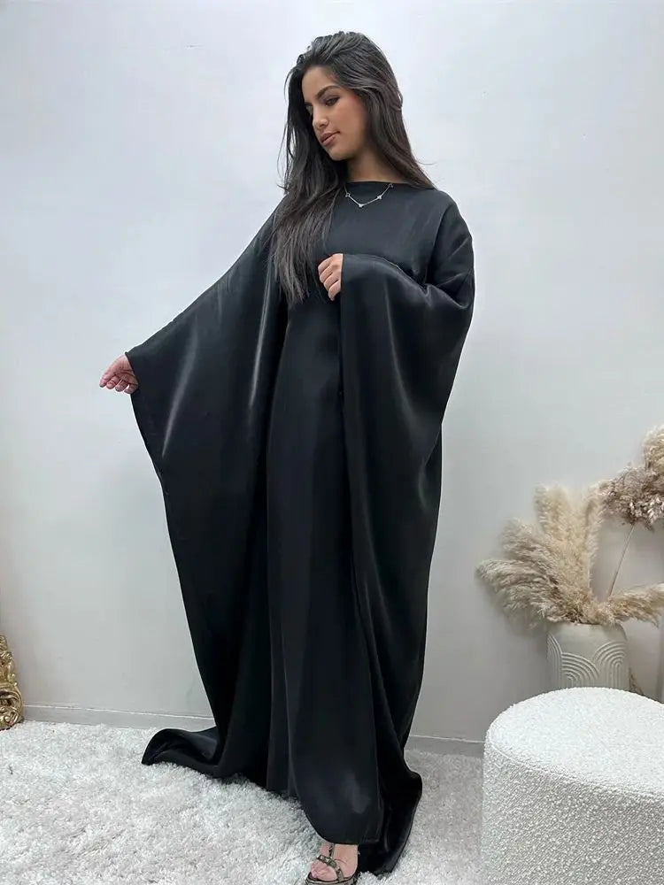 Batwing Butterfly Sleeve Satin Khimar Abaya Dubai Muslim Maxi Dress Kaftan Abayas For Women Kebaya Caftan Robe Femme Vestidos