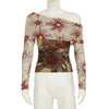 CIBBAR Vintage Mesh See Through Cropped Top y2k Aesthetic Floral Print Slash Neck Long Sleeve T-Shirts Women Retro Fashion Tees