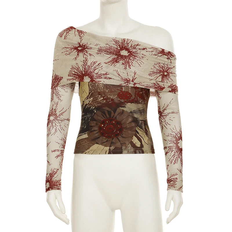 CIBBAR Vintage Mesh See Through Cropped Top y2k Aesthetic Floral Print Slash Neck Long Sleeve T-Shirts Women Retro Fashion Tees
