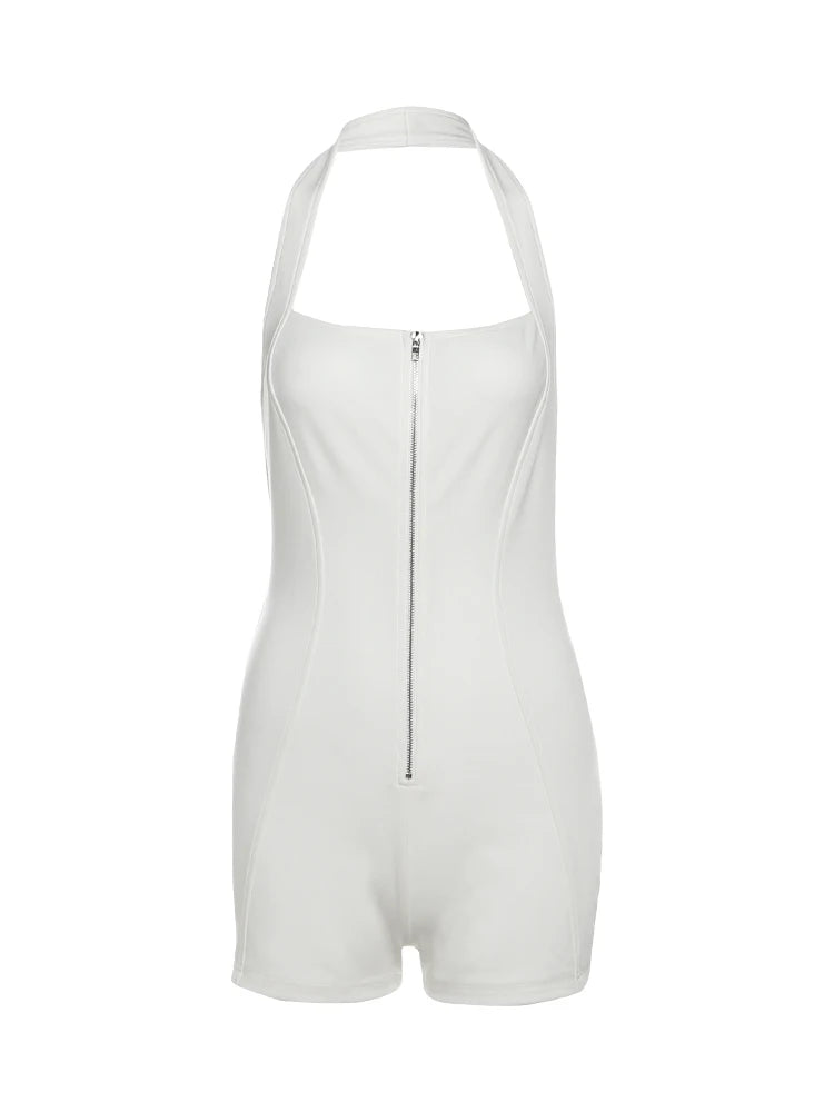 Weird Puss Zip Halter Romper Women  2025 Summer Stretch Fitness Sporty Hipster Backless Sleeveless Playsuit Casual Trend Outfits