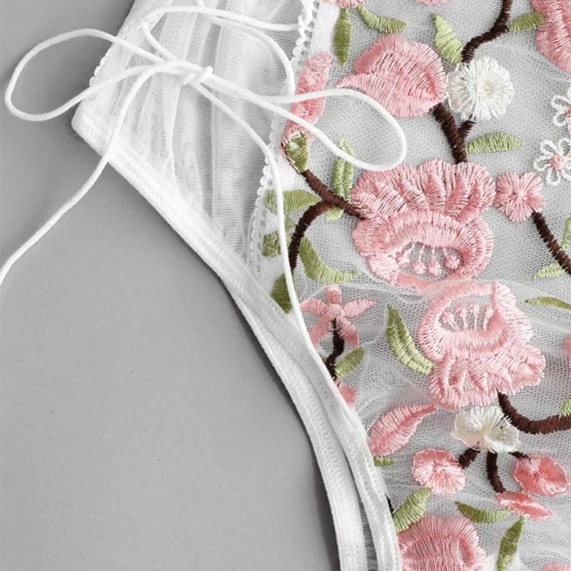 Embroidered Women's Lace One-piece Bodysuit Underwear with Spaghetti Strap Open Back Sexy Girl Bra Set Temptation Onesie