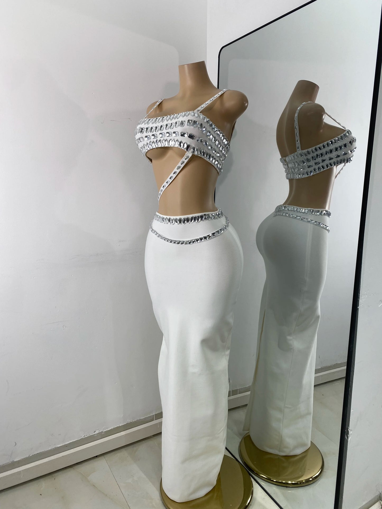 Luxury Crystal Diamonds Top Skirt Two Pieces Women's Bandage Sets White Black Knitted Celebrity Evening Birthday Party Outfit