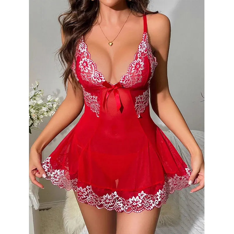 Short Sexy Deep V Women's Nightgown Embroidered Dress Fashions Pajamas Free Thong Night Sleepwear Suspender Baby Doll Lingerie