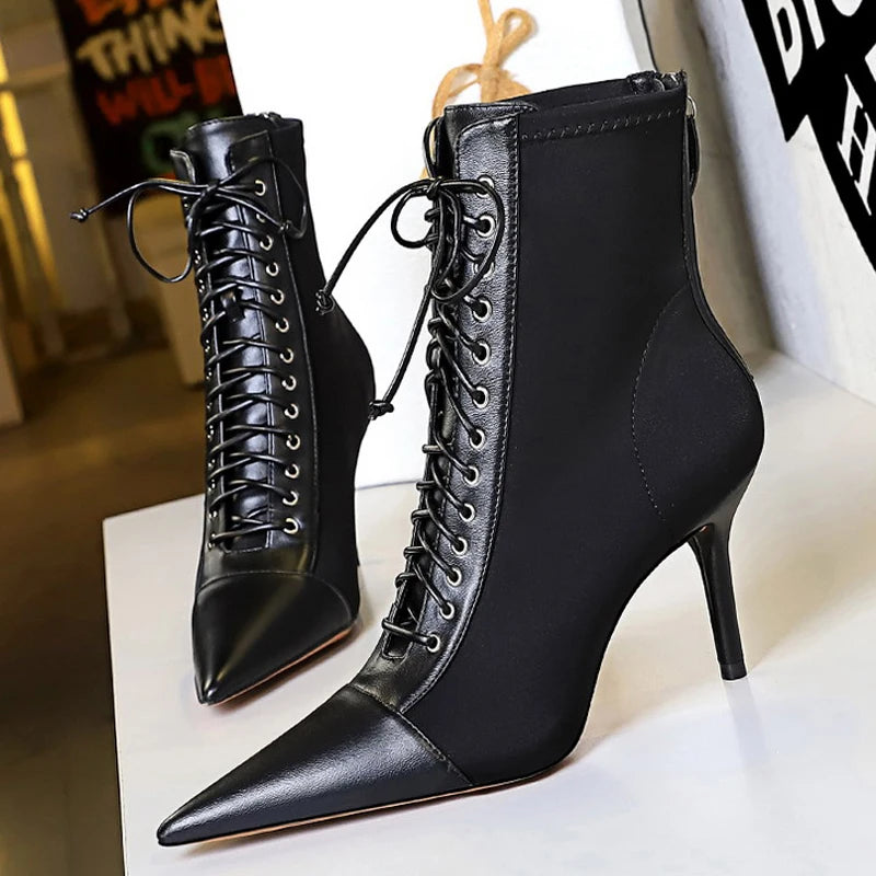 BIGTREE Shoes Cross Straps Sexy Women Boots Pointed Toe Stiletto High-heel Boots 2025 New Women's Ankle Boots Plus Size 42 43