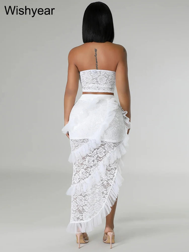 Sexy Two 2 Piece Sets Night Club Outfits for Women White Lace See Through Sleeveless Strapless Top and Ruffles Long Skirts Suit