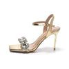 Summer One-word Rhinestone Square Head Sandals Women's Stiletto Open-toed Crystal Gemstone High Heels