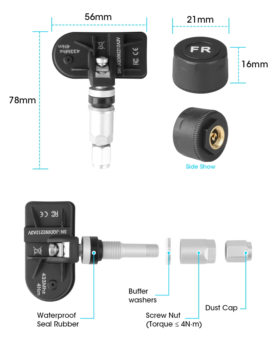 JMCQ USB Android TPMS Tire Pressure Monitoring System Display Alarm System Internal External 5 Sensors For Car Navigation Radio