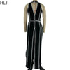 HLJ Elegant Stripe Patchwork Jumpsuits Women Halter Sleeveless Bow Belted Wide Legs Rompers Female Night Clubwear Overalls New