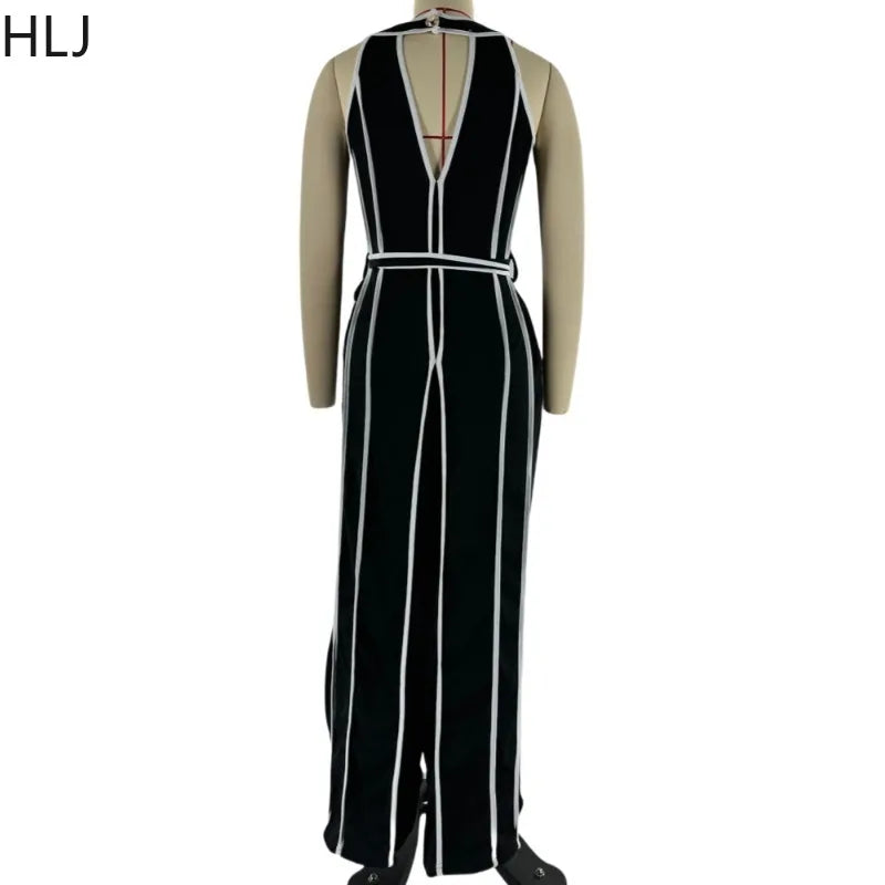 HLJ Elegant Stripe Patchwork Jumpsuits Women Halter Sleeveless Bow Belted Wide Legs Rompers Female Night Clubwear Overalls New