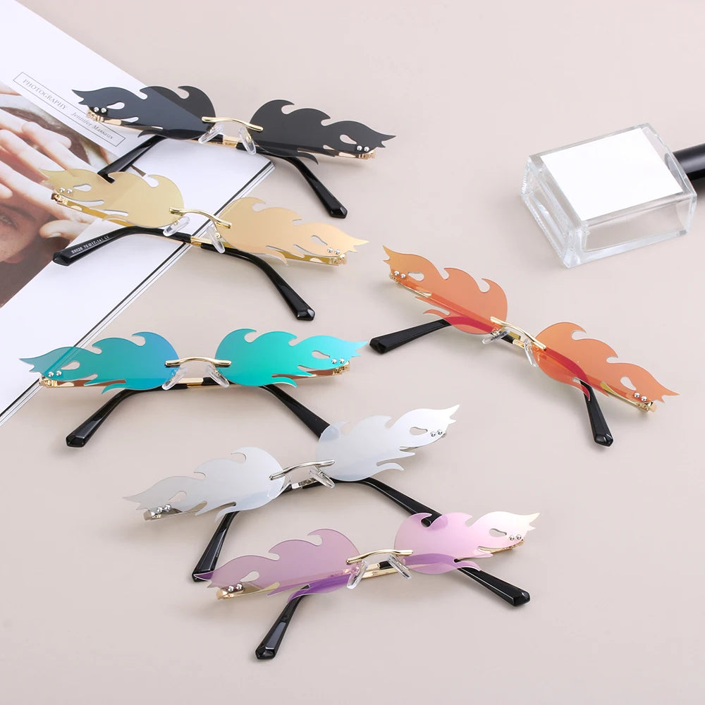 Fashion Fire Flame Sunglasses Women Men Rimless Wave Sun Glasses UV 400 Eyewear Luxury Trending Narrow Sunglasses