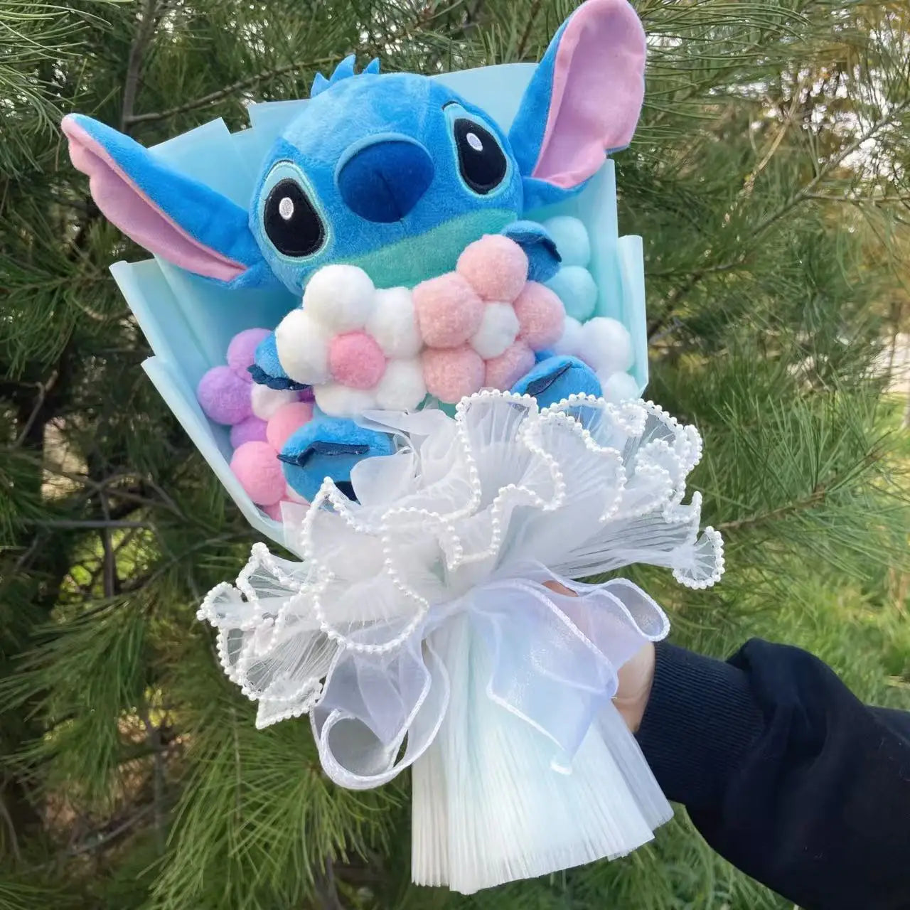 Catoon Stich Plush Doll Toy With Flowers Creative Handmade Bouquet Stuffed Animals Valentine Christmas Graduation Gift