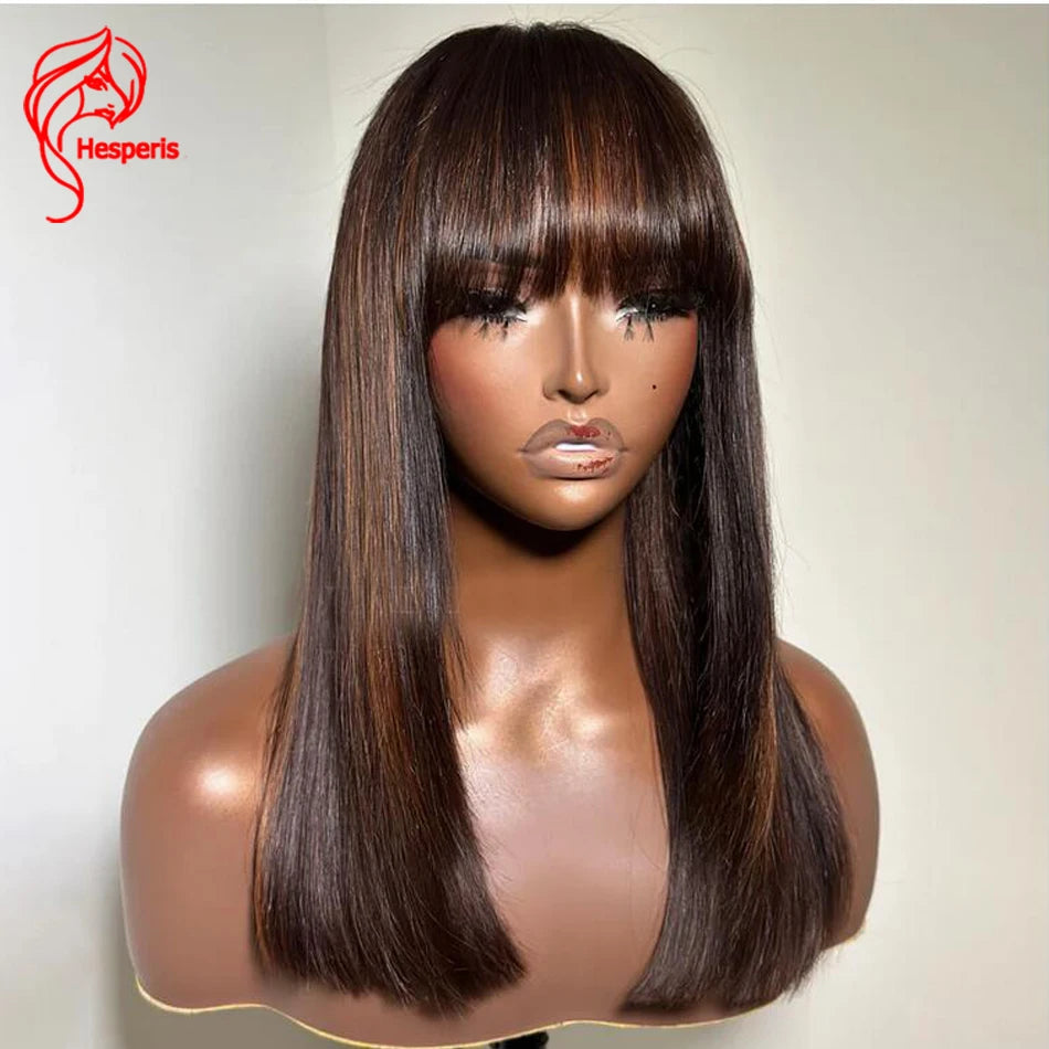 Hesperis Hesperis Short Bob Human Hair Wig With Bangs Brazilian Remy #30 Color Highlight Brown Scalp Top Full Machine Made Wig
