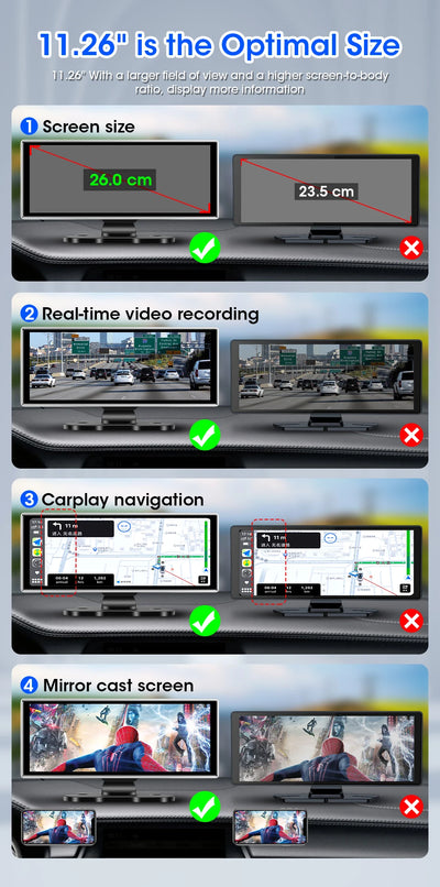 11.26 inch Car DVR 4K Dash Cam Dual Lens Wireless Carplay & Android Auto Video Recorder Monitor GPS Navigation 5G Wifi FM AUX